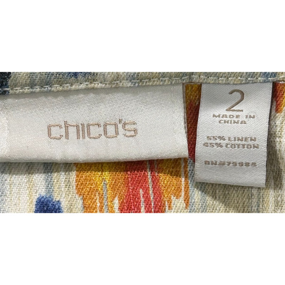 Chicos Aztec Tribal Linen Blend Jacket Womens Large 2 Blue Orange Button Up - Picture 8 of 10